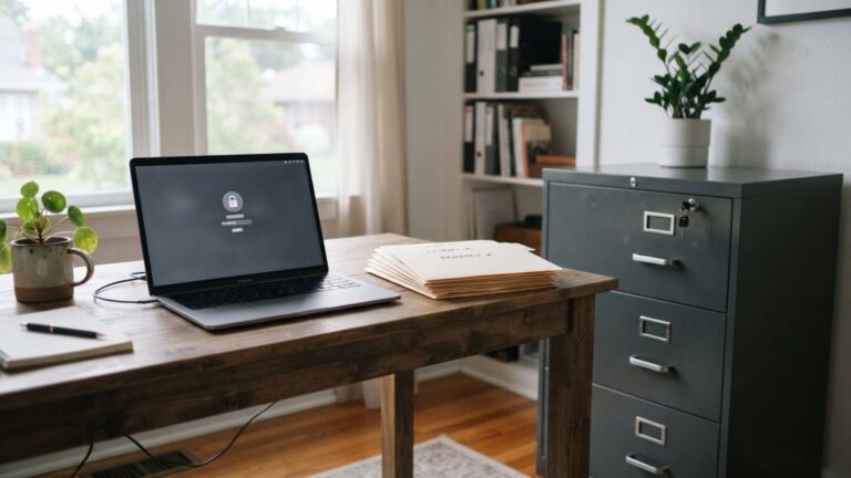 Zamčená kartotéka a notebook s přihlašovací obrazovkou v kanceláři
