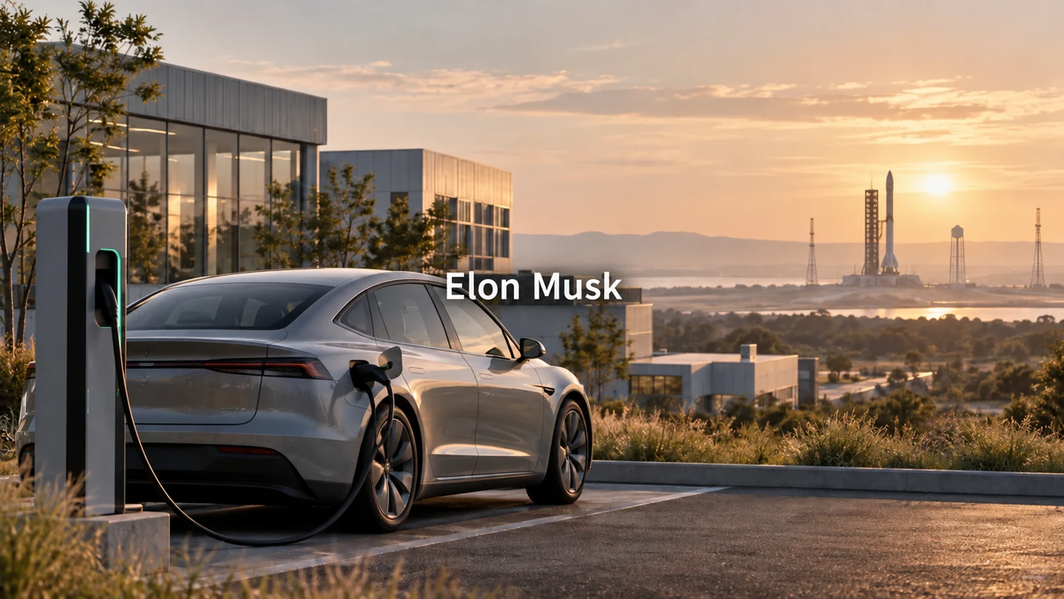 Elon Musk – tematická AI ilustrace s názvem uprostřed. Tematická ilustrace elektromobility a kosmického průmyslu.