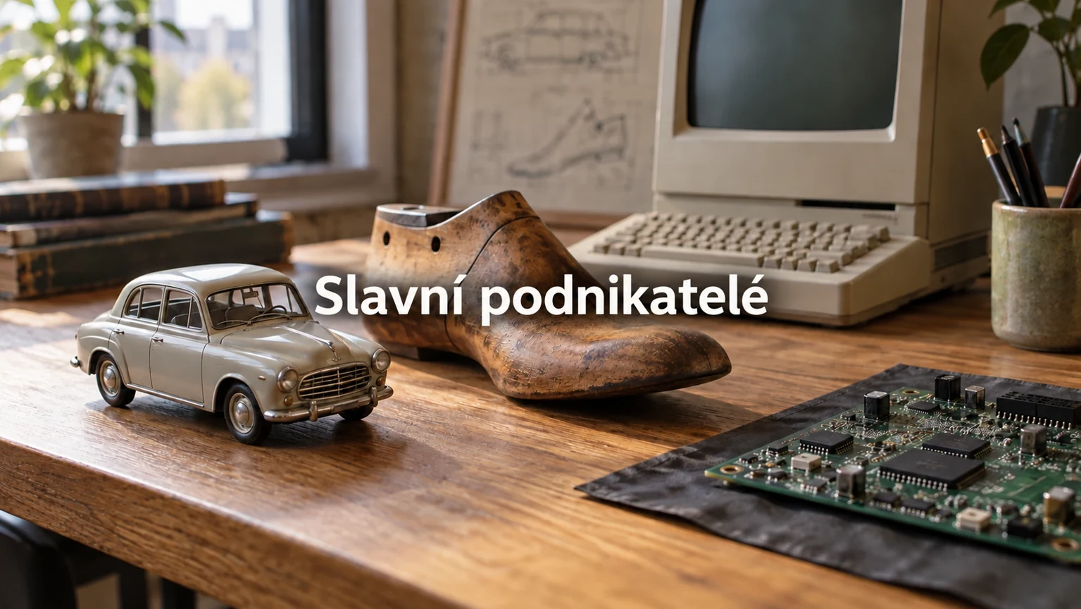 Slavní podnikatelé – tematická AI ilustrace s názvem uprostřed. Předměty symbolizující vývoj podnikání od obuvnictví a automobilů k počítačům.