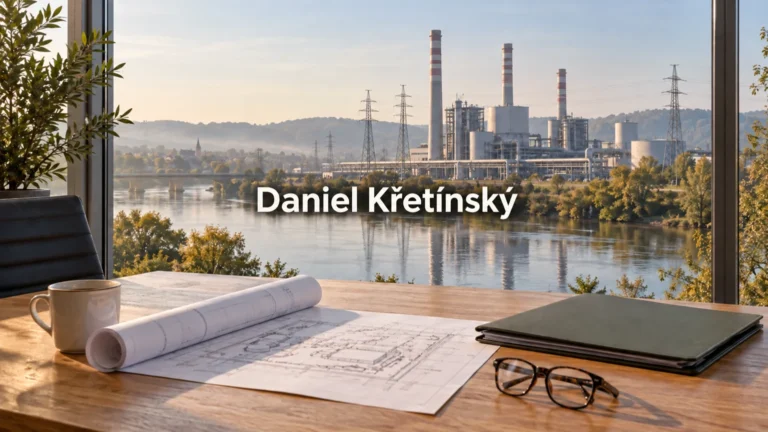 Daniel Křetínský – tematická AI ilustrace s názvem uprostřed. Energetická infrastruktura a investiční podklady na pracovním stole.