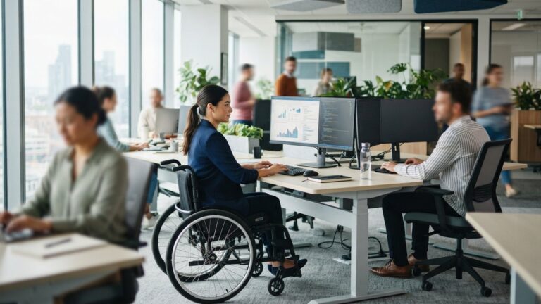 Zaměstnanec na vozíku pracuje u bezbariérového pracovního stolu