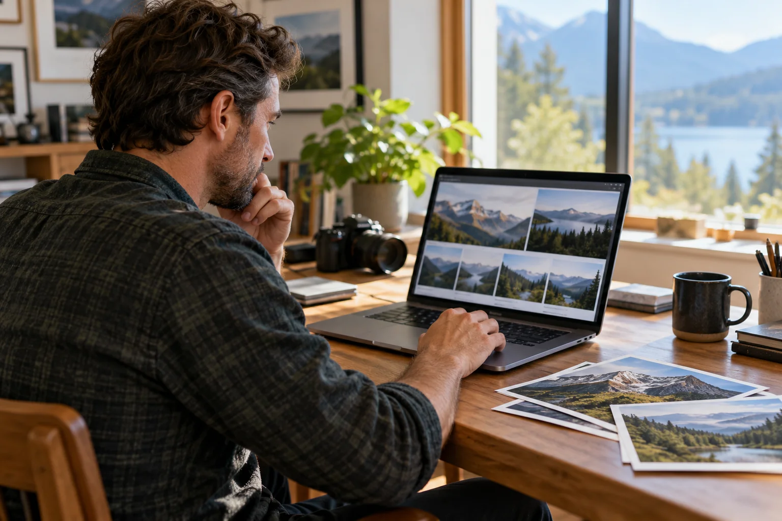 Editor vybírá fotografie krajiny na notebooku, vedle leží fotografické tisky.