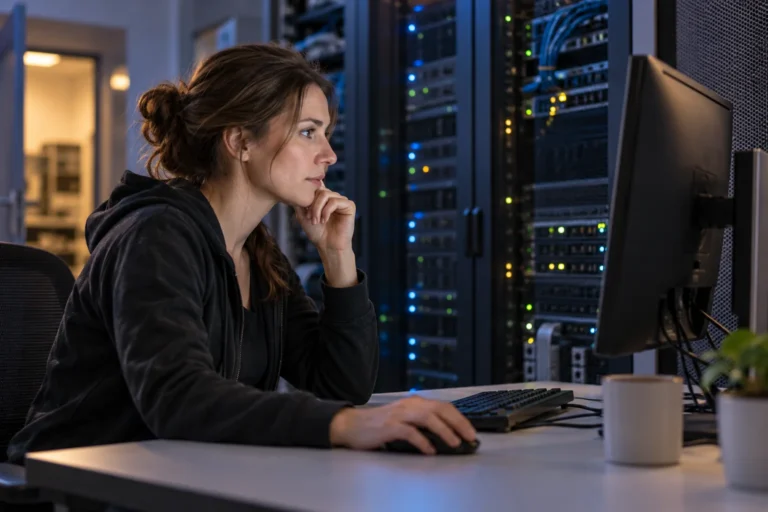 Správkyně systémů sleduje monitor v místnosti se serverovými skříněmi.