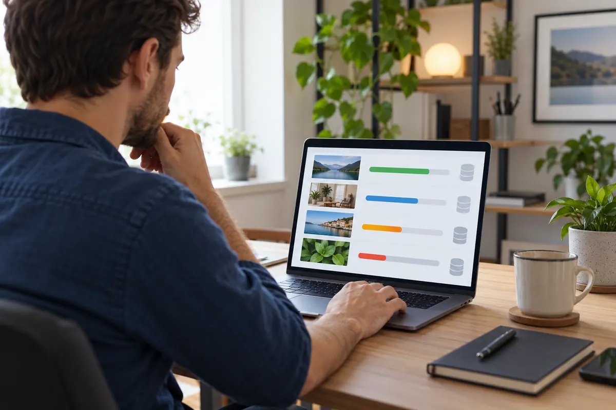 Správce na notebooku porovnává využití prostoru několika webů pomocí barevných ukazatelů.