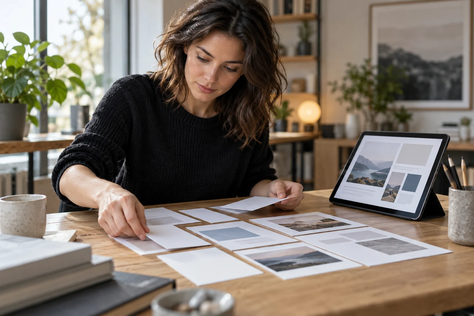 Designérka skládá obdélníkové návrhy rozložení vedle tabletu s magazínem.