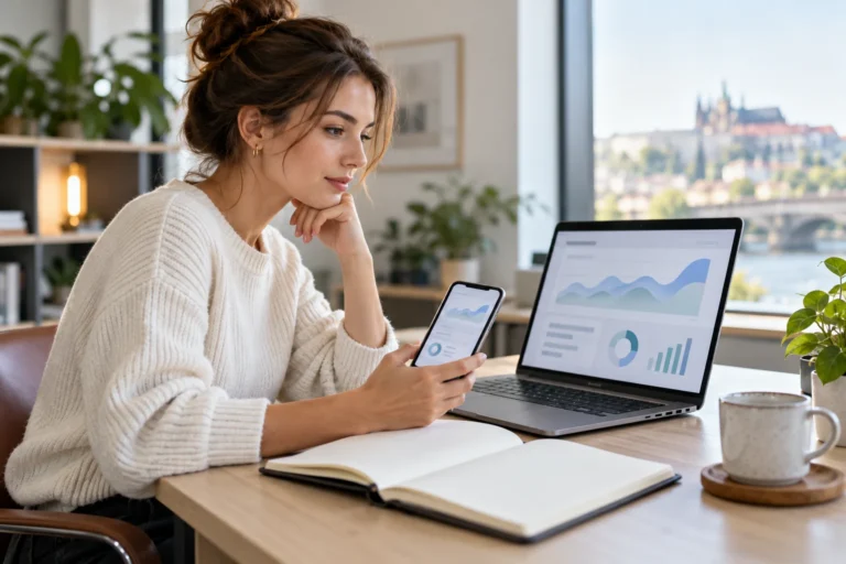 Analytička porovnává web na notebooku a telefonu u pracovního stolu.