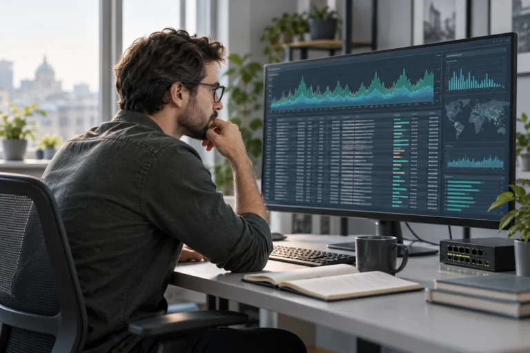 Správce analyzuje provozní přehledy webů na monitoru u pracovního stolu.