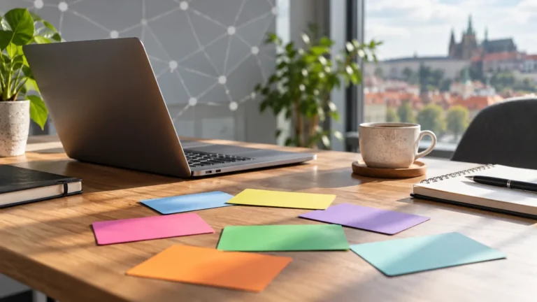 Notebook a barevné kartičky na pracovním stole.
