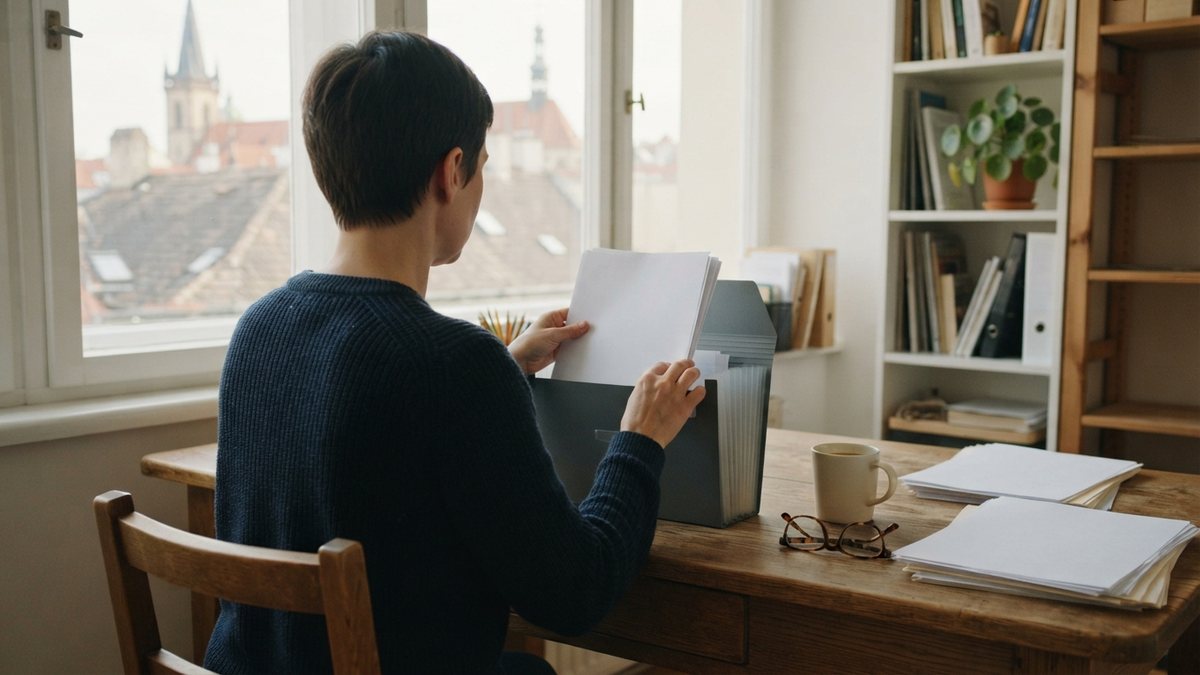 Podnikatel třídí daňové formuláře u stolu