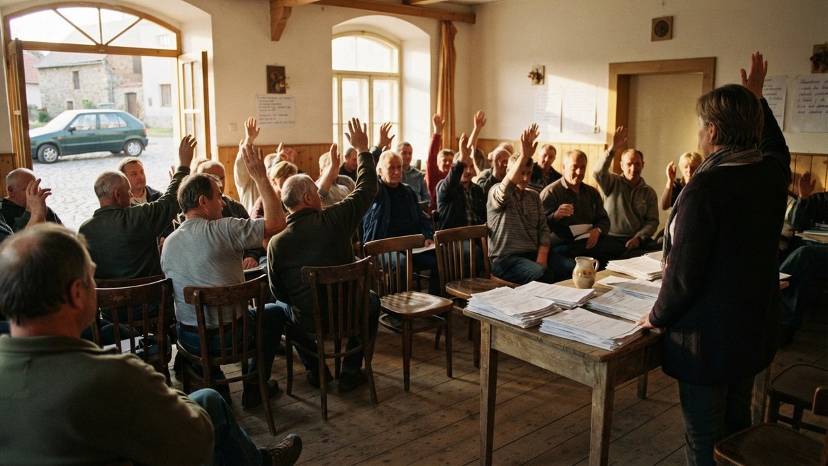 Členové družstva hlasují na členské schůzi