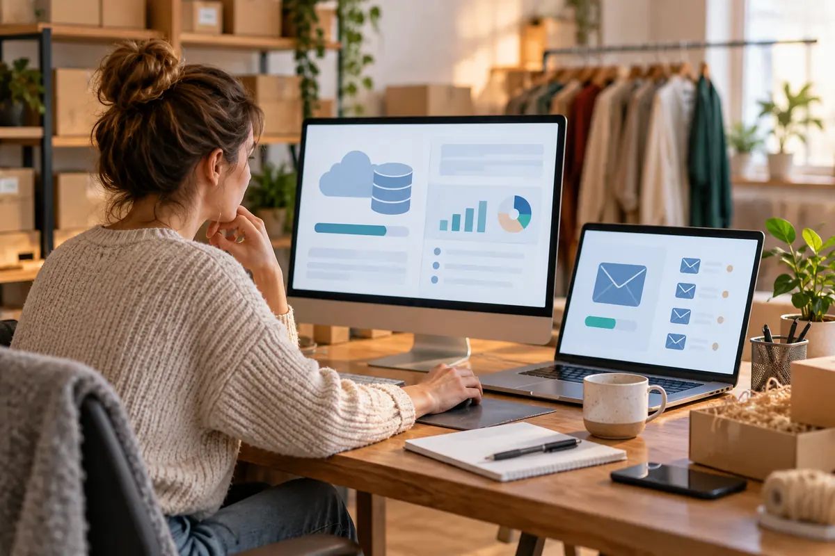 Provozovatelka malého e-shopu sleduje přehled úložiště a e-mailu na dvou obrazovkách.