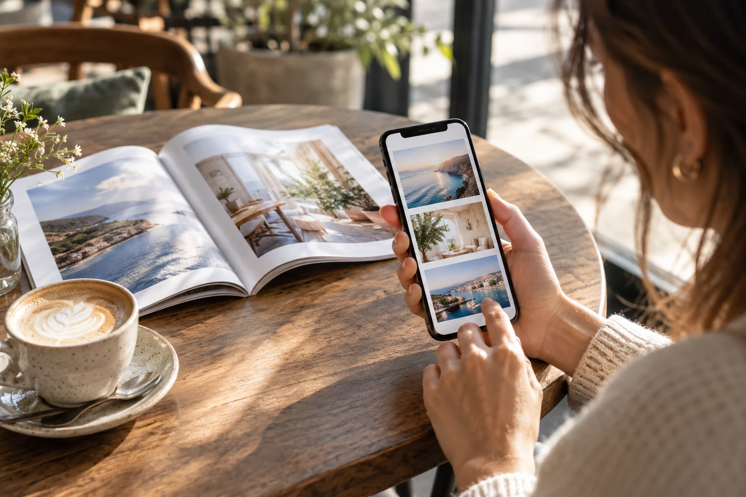 Čtenářka prohlíží fotografické karty článků na telefonu u kavárenského stolku.