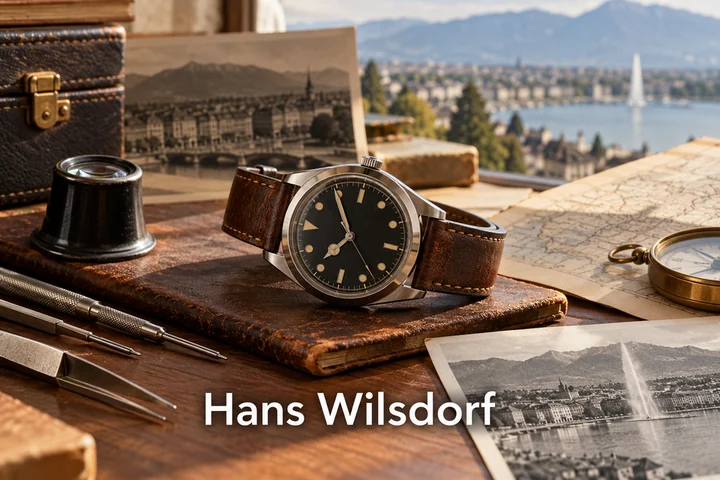 Tematické zátiší s nápisem Hans Wilsdorf.