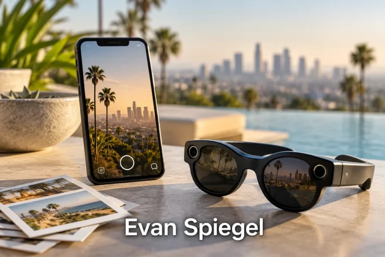 Tematické zátiší s nápisem Evan Spiegel.