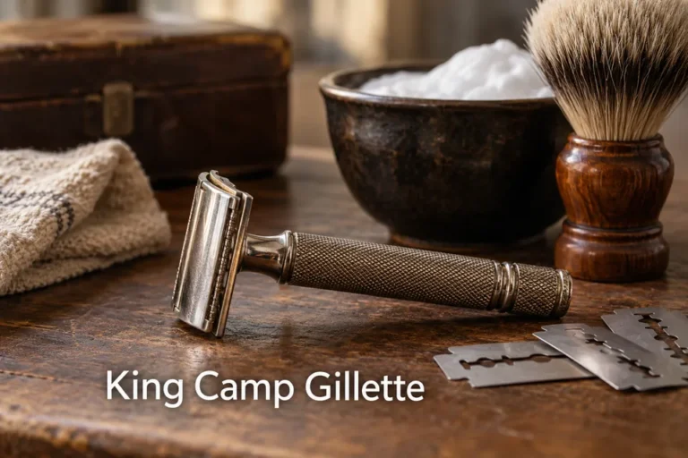 Tematické zátiší s nápisem King Camp Gillette.