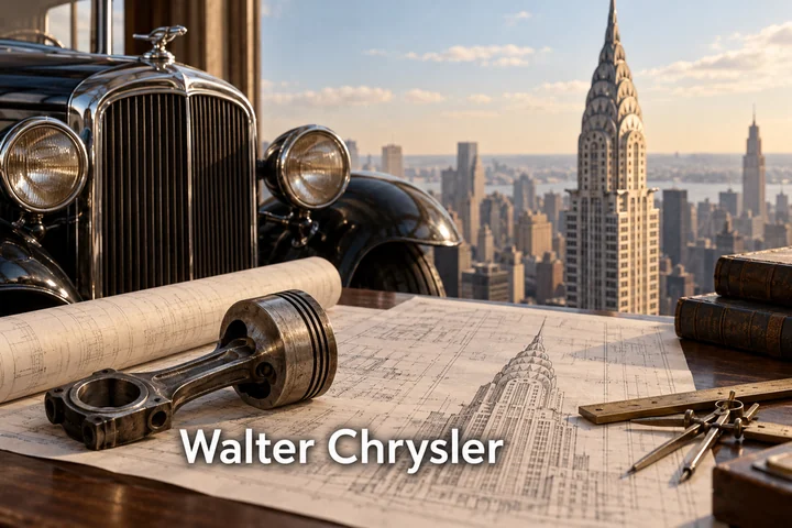 Tematické zátiší s nápisem Walter Chrysler.