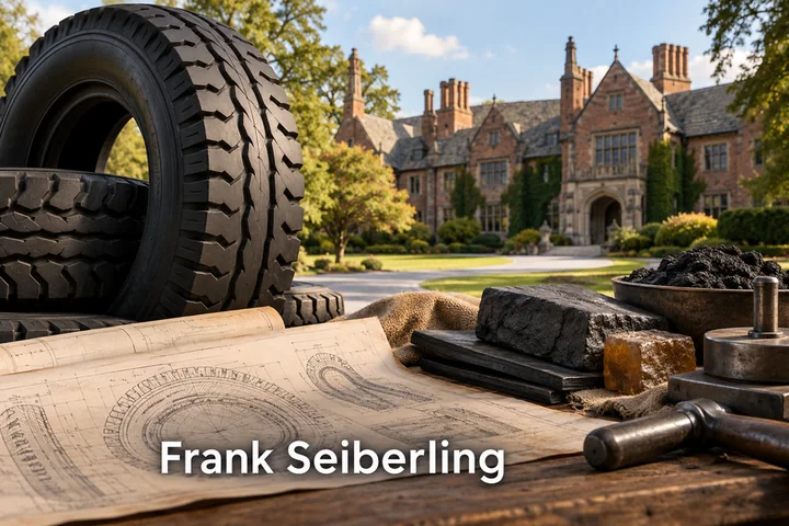 Pneumatiky, výkres a nástroje s nápisem Frank Seiberling.
