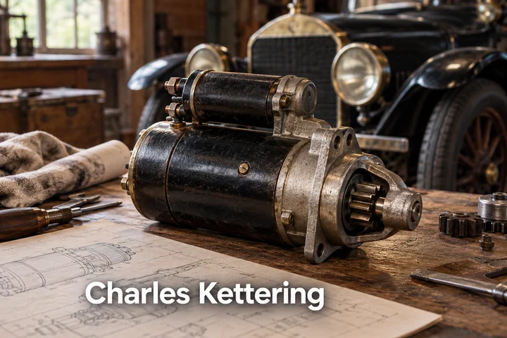 Automobilový startér a nářadí s nápisem Charles Kettering.