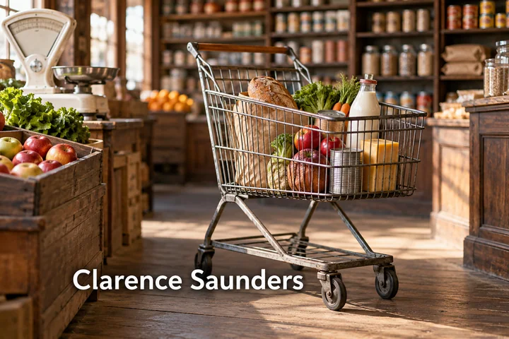 Nákupní vozík s potravinami a nápisem Clarence Saunders.