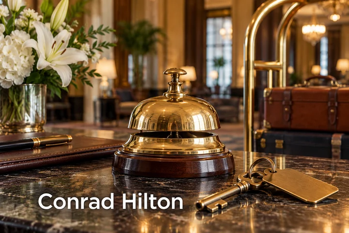 Hotelový zvonek a klíče s nápisem Conrad Hilton.