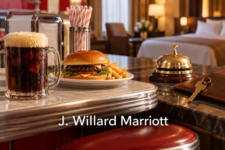 Hamburger, nápoj a hotelový zvonek s nápisem J. Willard Marriott.