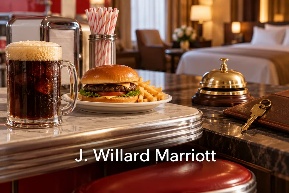 Hamburger, nápoj a hotelový zvonek s nápisem J. Willard Marriott.