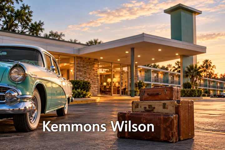 Historický automobil u motelu s nápisem Kemmons Wilson.