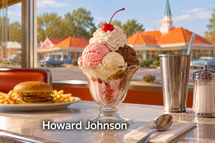 Zmrzlinový pohár v restauraci s nápisem Howard Johnson.