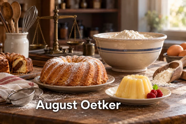 Bábovka, pudink a suroviny na pečení s nápisem August Oetker.