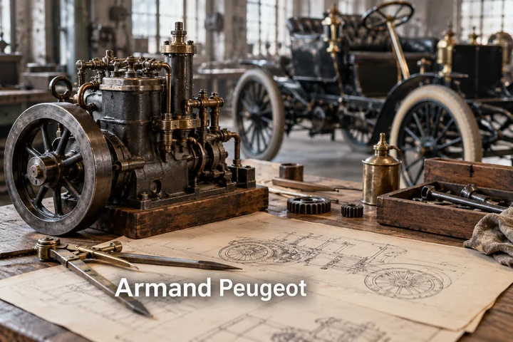 Historický motor v dílně s nápisem Armand Peugeot.