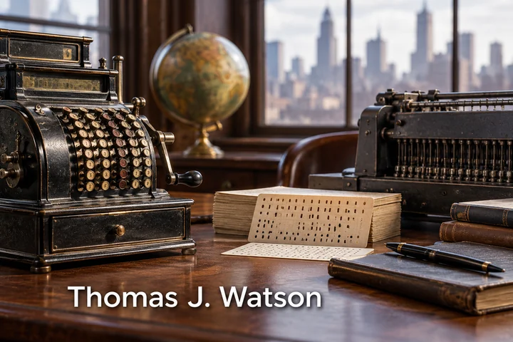 Historické počítací stroje a děrný štítek s nápisem Thomas J. Watson.