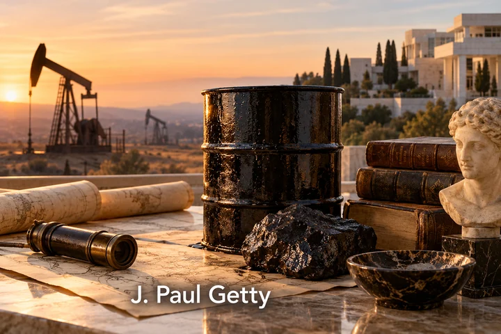 Ropný sud, knihy a umělecká busta s nápisem J. Paul Getty.