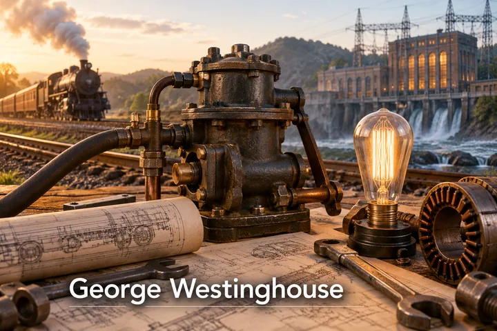 Průmyslové zařízení a žárovka s nápisem George Westinghouse.