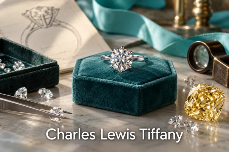 Diamanty a šperkařská krabička s nápisem Charles Lewis Tiffany.