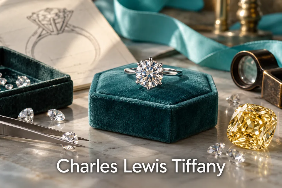 Diamanty a šperkařská krabička s nápisem Charles Lewis Tiffany.