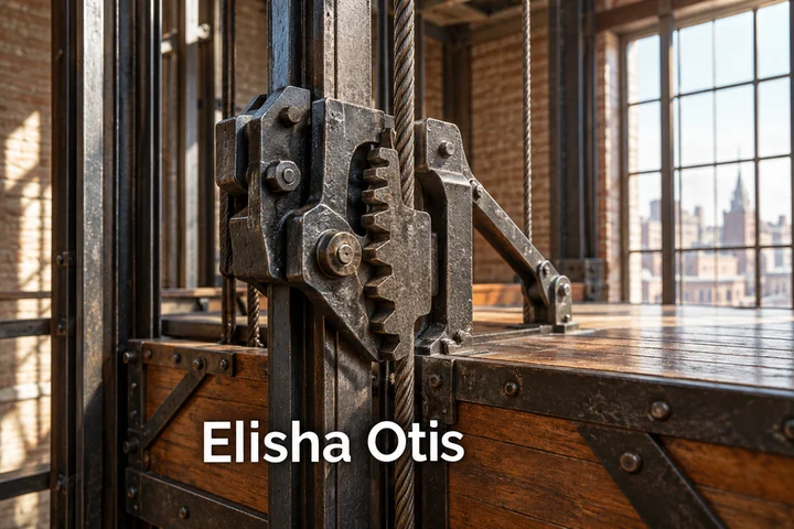 Historický mechanismus výtahu s nápisem Elisha Otis.