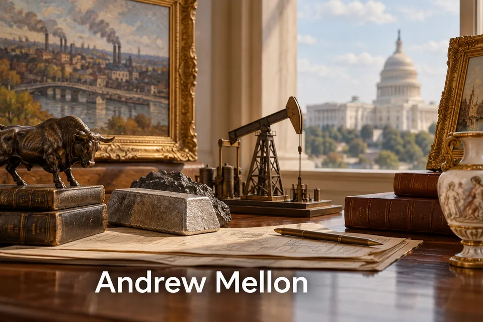 Obrazy, model těžebního zařízení a dokumenty s nápisem Andrew Mellon.