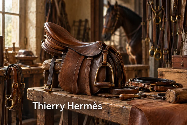 Kožené sedlo a sedlářské nástroje s nápisem Thierry Hermès.