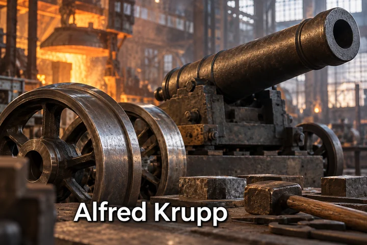 Historické dělo v ocelárně s nápisem Alfred Krupp.