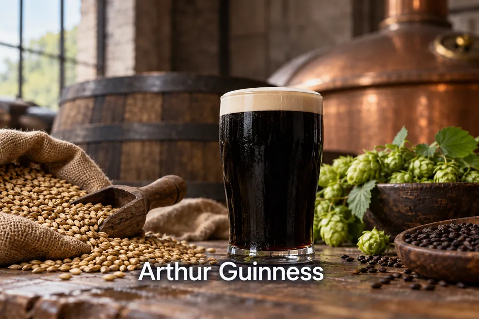 Sklenice tmavého piva, slad a chmel s nápisem Arthur Guinness.