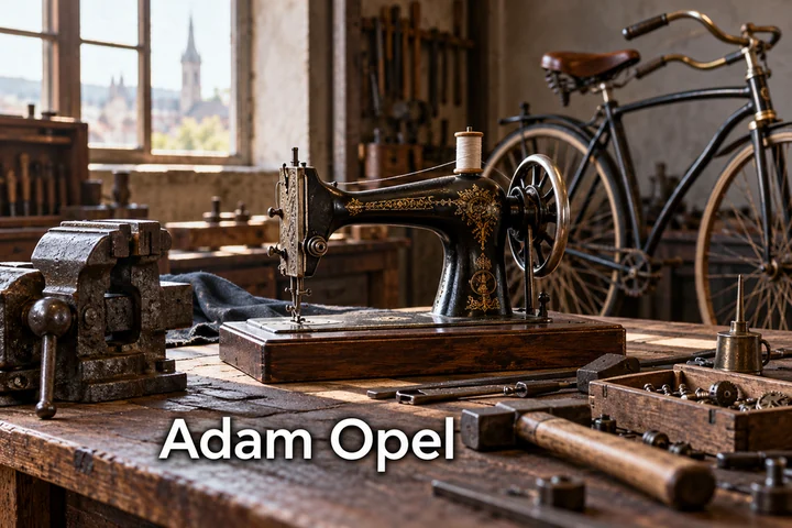 Šicí stroj a jízdní kolo v dílně s nápisem Adam Opel.