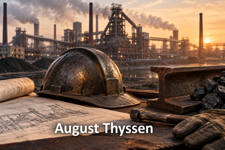 Ocelářská přilba, nářadí a ocelárna s nápisem August Thyssen.