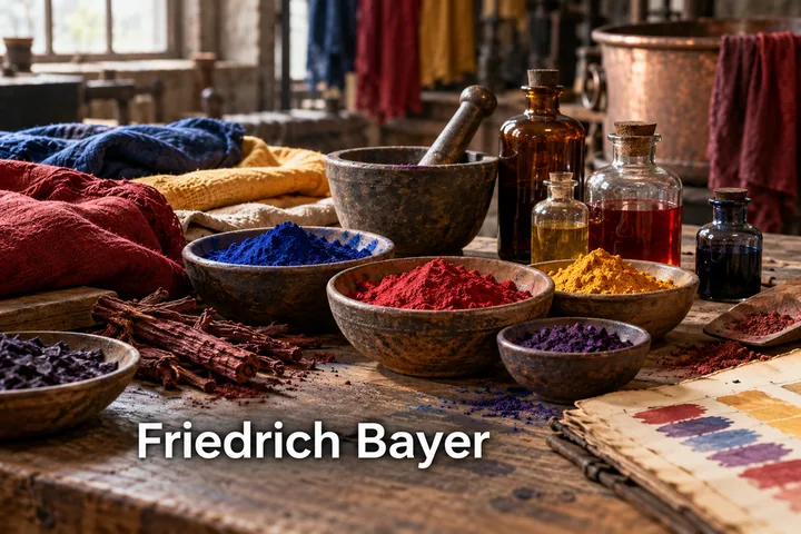 Misky s barevnými pigmenty a textilie s nápisem Friedrich Bayer.