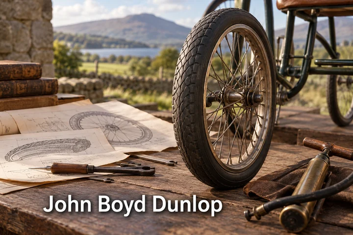 Kolo, pneumatika a nákres na stole s nápisem John Boyd Dunlop.
