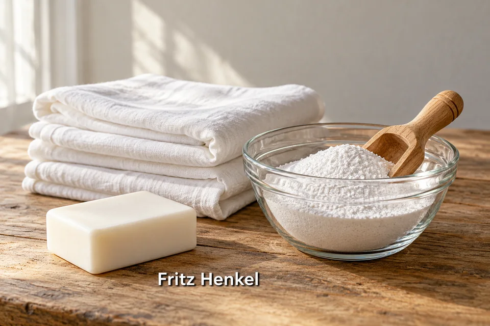 Bílé prádlo, mýdlo a miska s pracím práškem s nápisem Fritz Henkel.