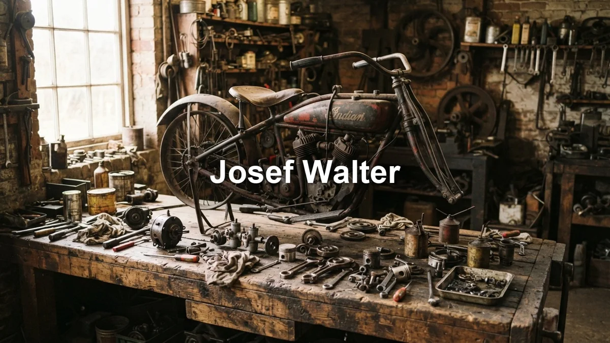 Motocykl v dílně s nápisem Josef Walter