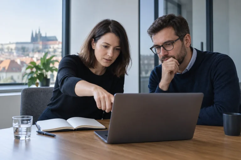 Dva kolegové probírají nastavení webu u notebooku v zasedací místnosti.