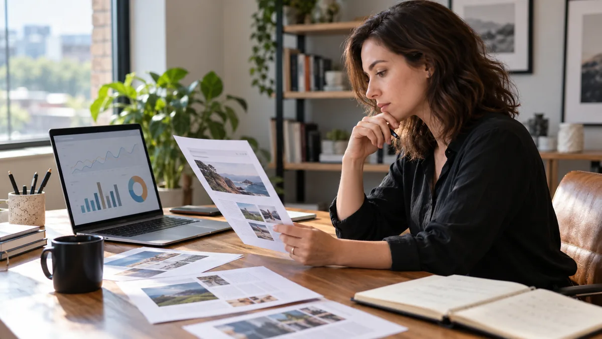 Redaktorka porovnává výsledky článků na notebooku.