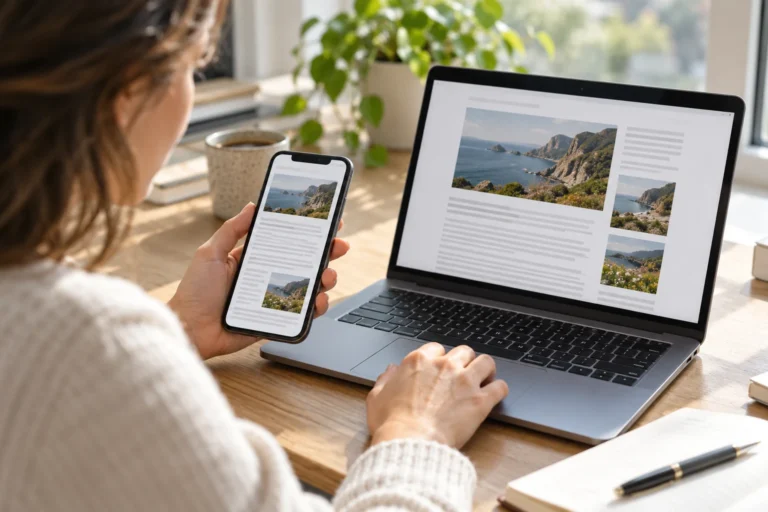 Redaktorka porovnává článek na telefonu a notebooku.