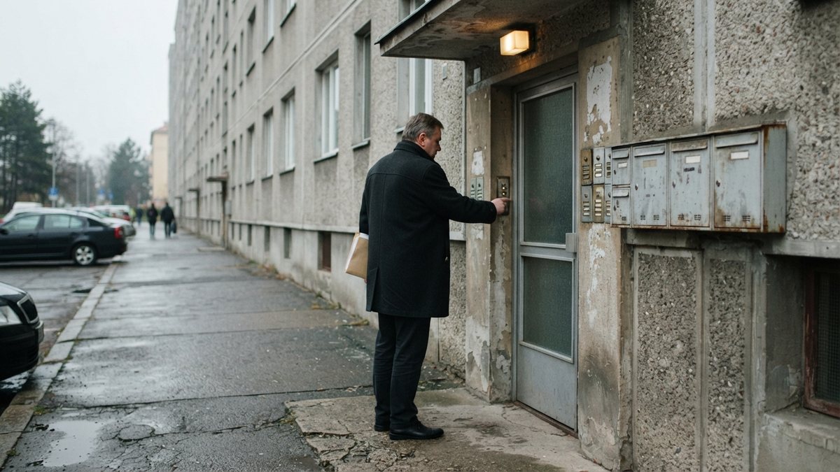 Úřední kontrola u vchodu panelového domu